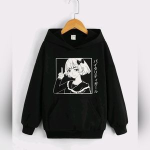 SHEIN Girls Japanese Letter & Anime Graphic Hoodie